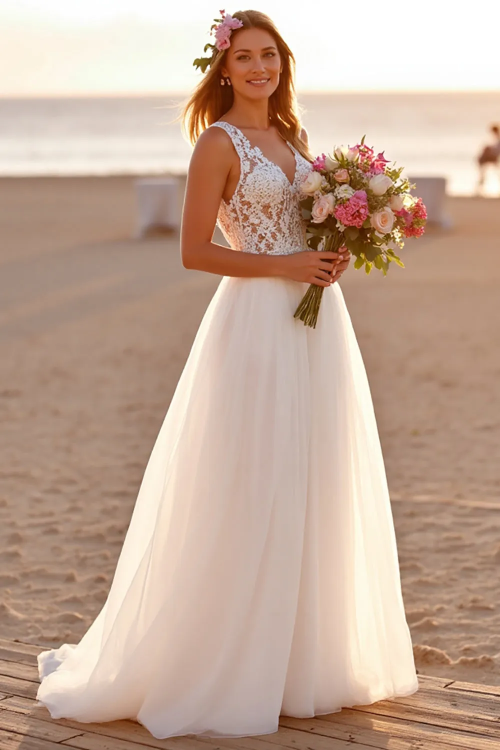 White V-Neck Sleeveless A Line Boho Sweep Train Wedding Dress with Lace sold by Zapaka