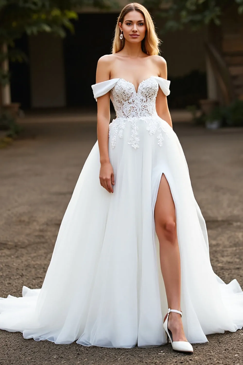 White A Line Tulle Boho Sweep Train Wedding Dress with Slit sold by Zapaka