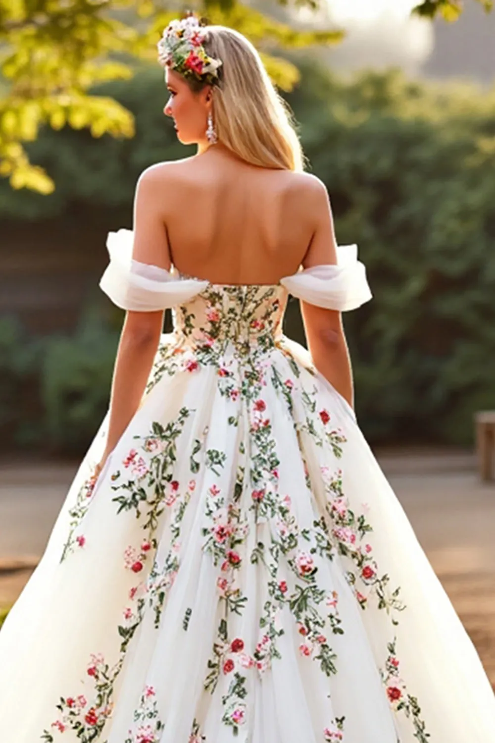 White Tulle Off the Shoulder Sweep Train Floral Wedding Dress sold by Zapaka product image thumbnail 4