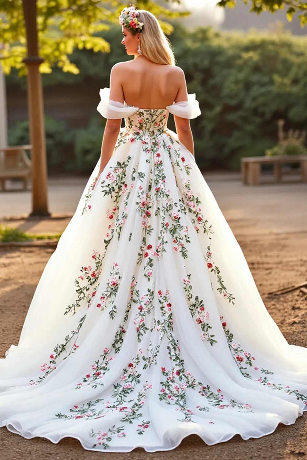 White Tulle Off the Shoulder Sweep Train Floral Wedding Dress sold by Zapaka product image thumbnail 2