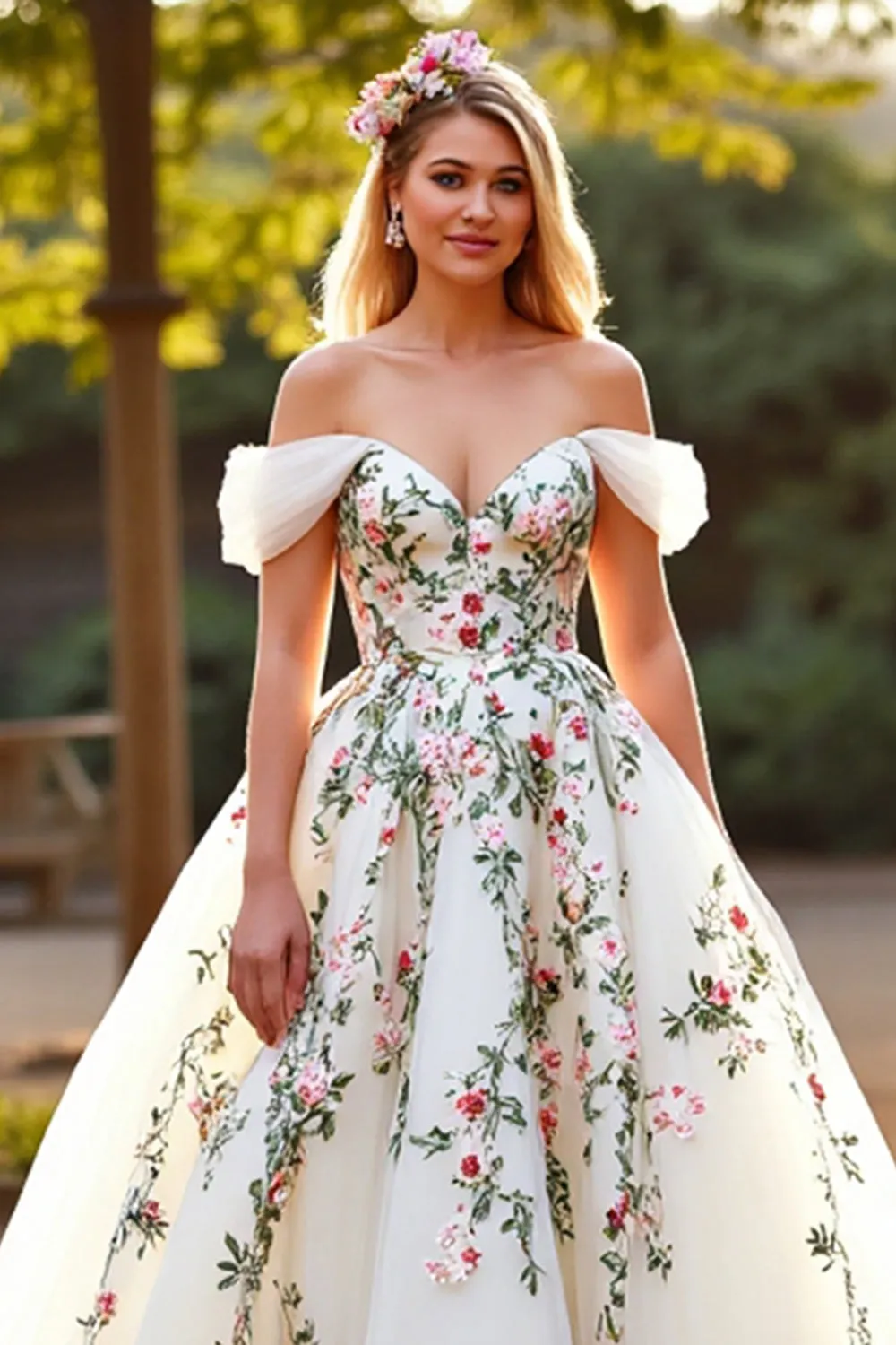 White Tulle Off the Shoulder Sweep Train Floral Wedding Dress sold by Zapaka product image thumbnail 3