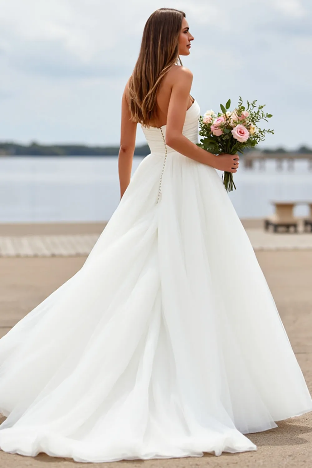 White Sweetheart Tulle A Line Boho Sweep Train Wedding Dress sold by Zapaka product image thumbnail 2