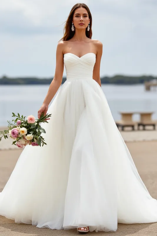 White Sweetheart Tulle A Line Boho Sweep Train Wedding Dress sold by Zapaka