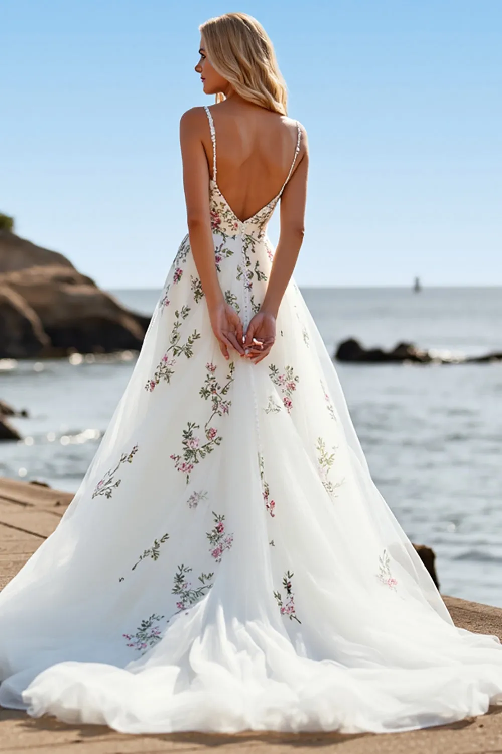 A Line White Tulle Spaghetti Straps Embroidered Boho Sweep Train Wedding Dress sold by Zapaka product image thumbnail 2