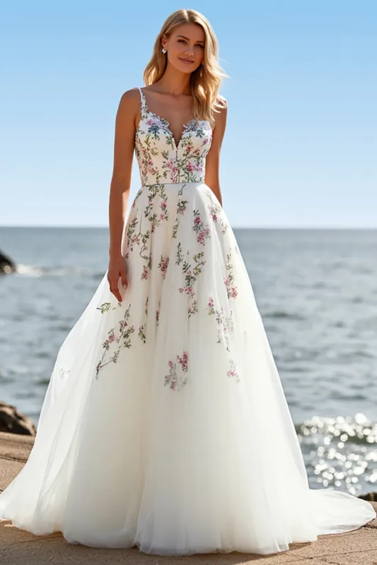 A Line White Tulle Spaghetti Straps Embroidered Boho Sweep Train Wedding Dress sold by Zapaka