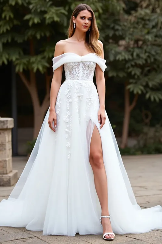 Off the Shoulder White Tulle A Line Boho Sweep Train Wedding Dress with Slit sold by Zapaka