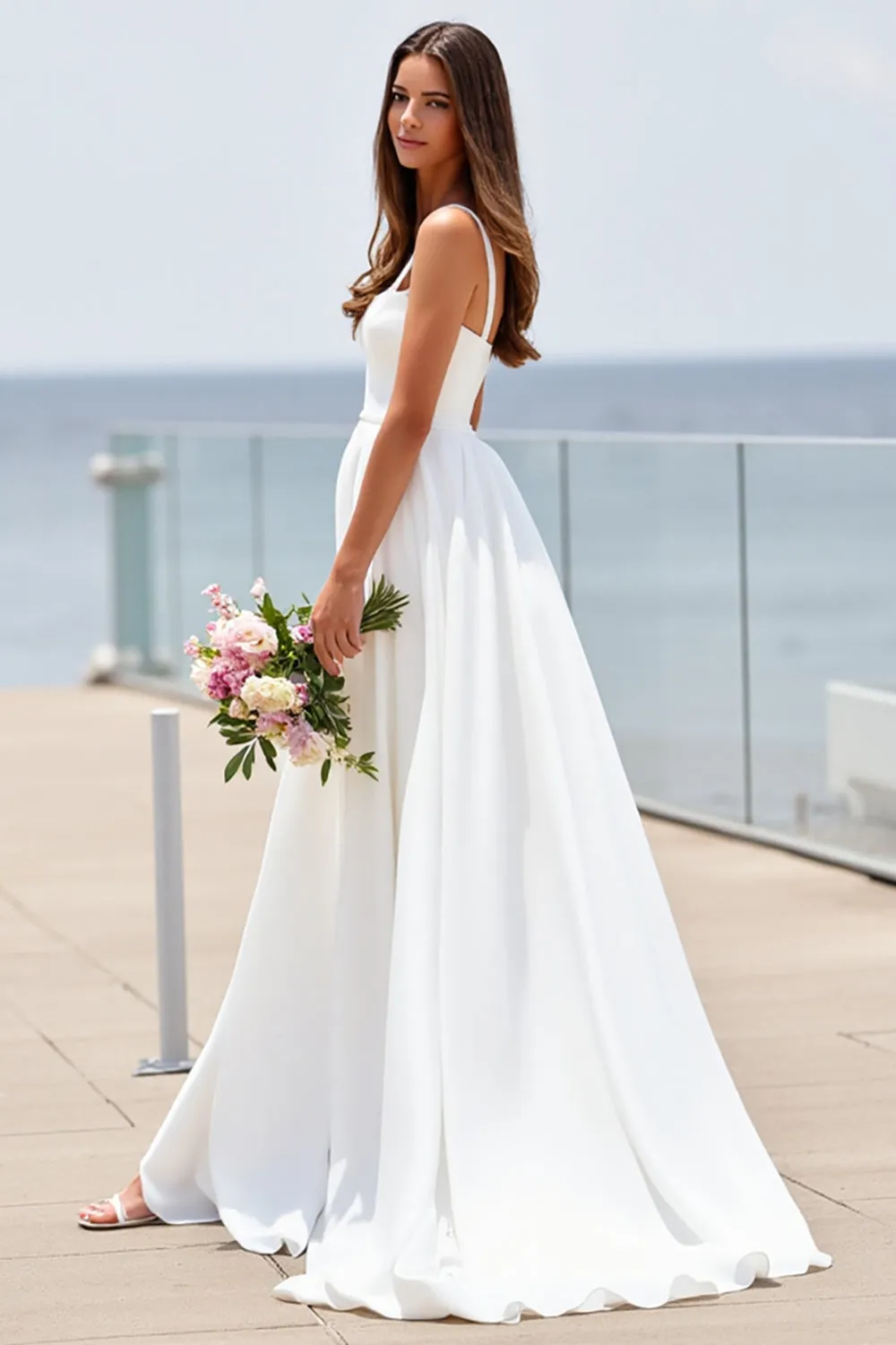 White Square Neck A Line Boho Sweep Train Wedding Dress sold by Zapaka product image thumbnail 2
