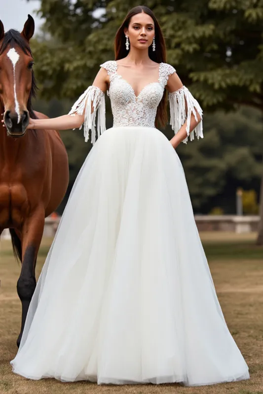 White Tulle A Line  Boho Long Wedding Dress with Lace sold by Zapaka