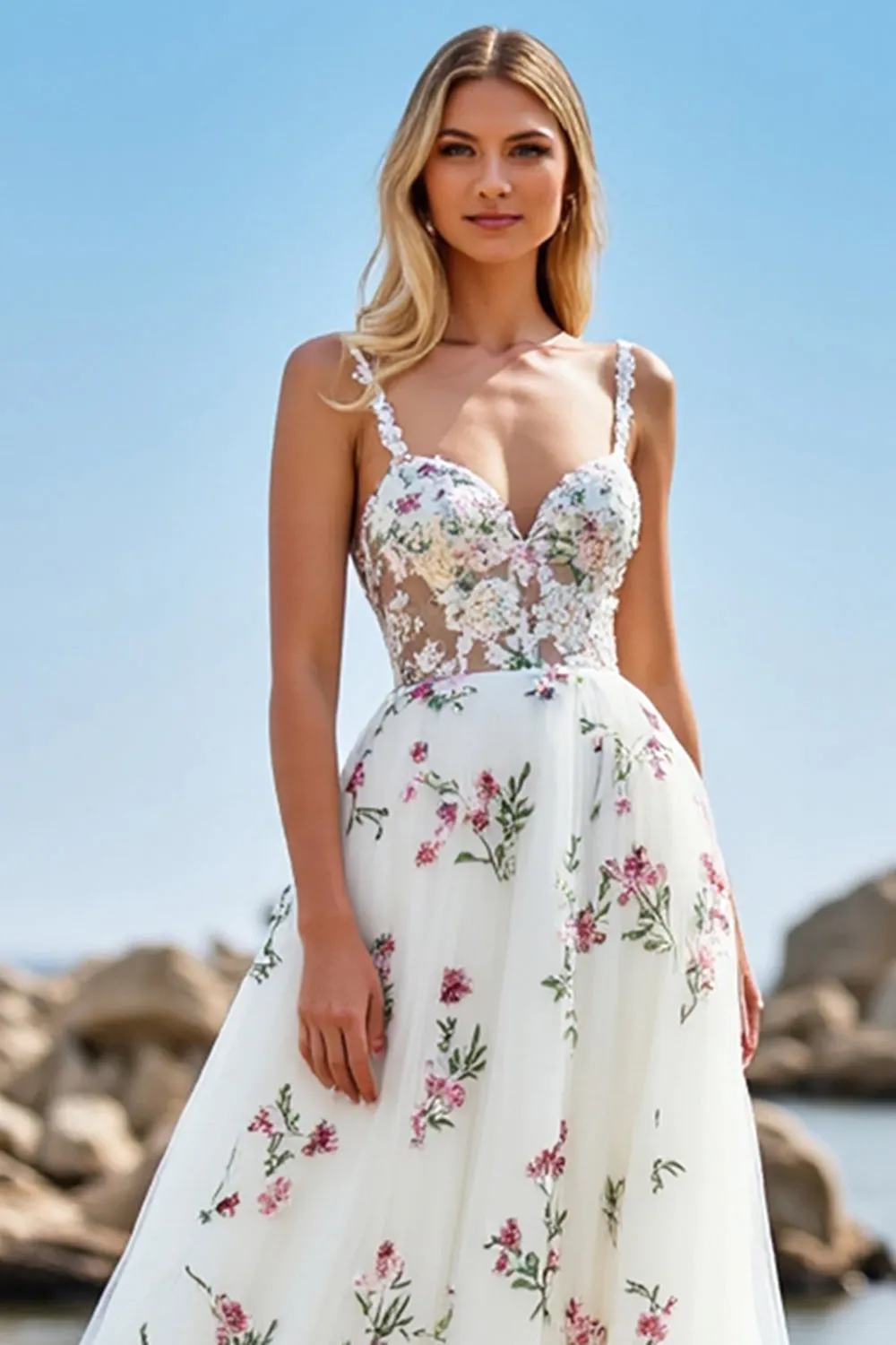 White A Line Tulle Boho Sweep Train Wedding Dress with Appliques sold by Zapaka product image thumbnail 3