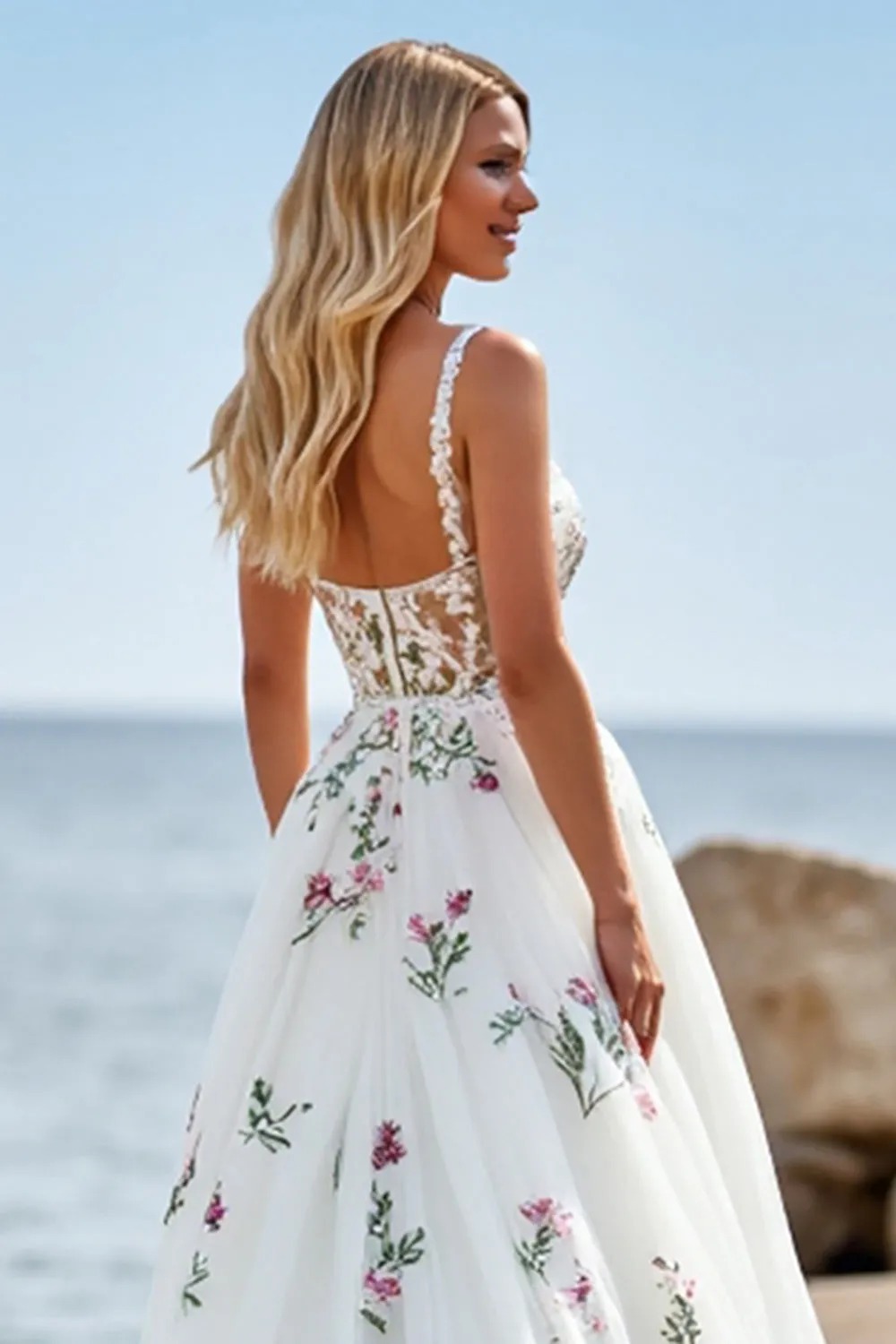 White A Line Tulle Boho Sweep Train Wedding Dress with Appliques sold by Zapaka product image thumbnail 4