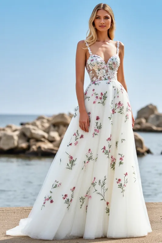 White A Line Tulle Boho Sweep Train Wedding Dress with Appliques sold by Zapaka