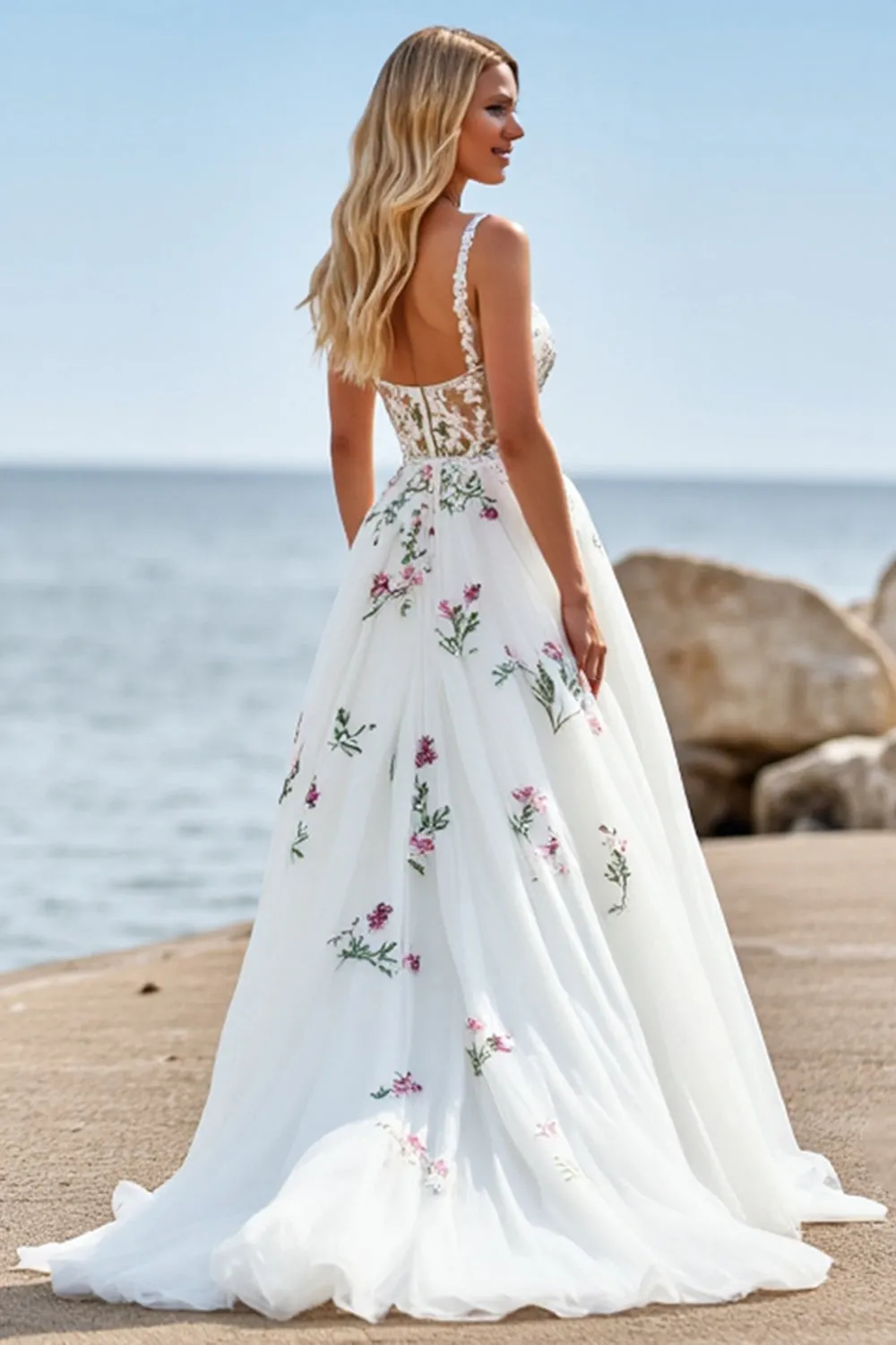 White A Line Tulle Boho Sweep Train Wedding Dress with Appliques sold by Zapaka product image thumbnail 2