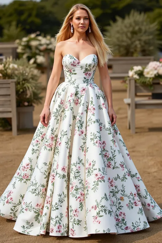 White Sweetheart A Line Sweep Train Wedding Dress with Flowers sold by Zapaka