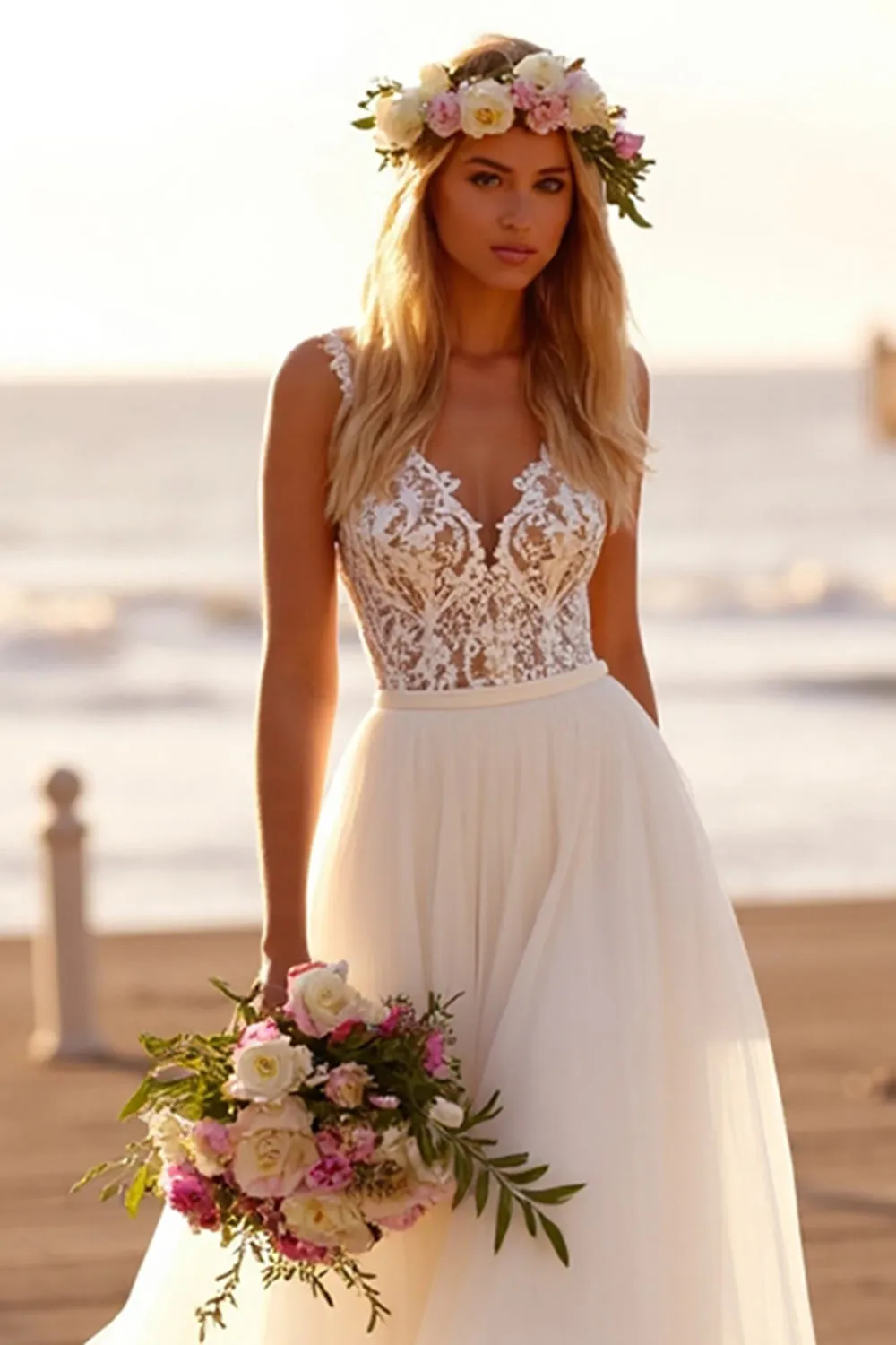 Boho White Tulle A Line Sweep Train Wedding Dress with Lace sold by Zapaka product image thumbnail 3