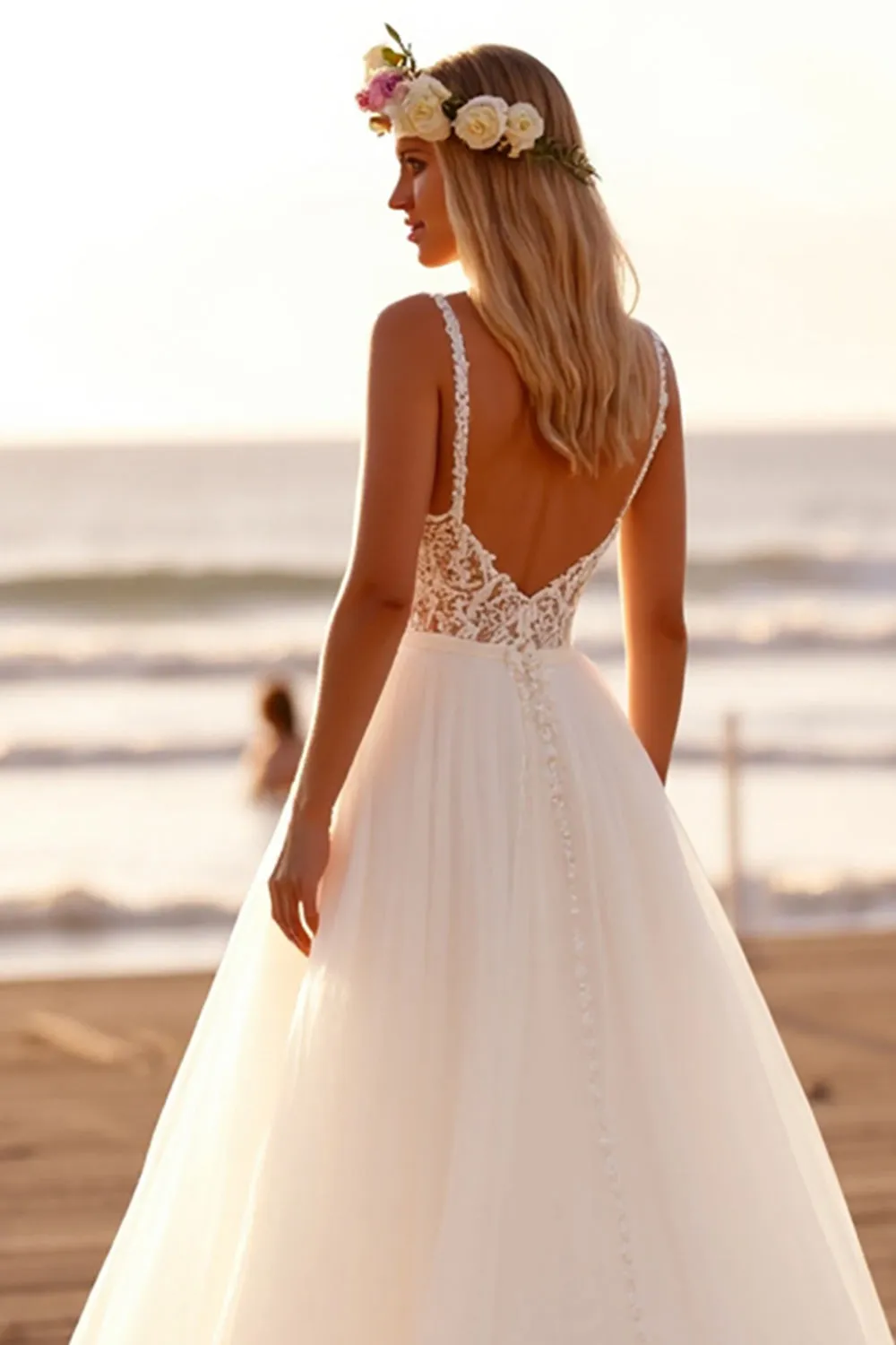 Boho White Tulle A Line Sweep Train Wedding Dress with Lace sold by Zapaka product image thumbnail 4