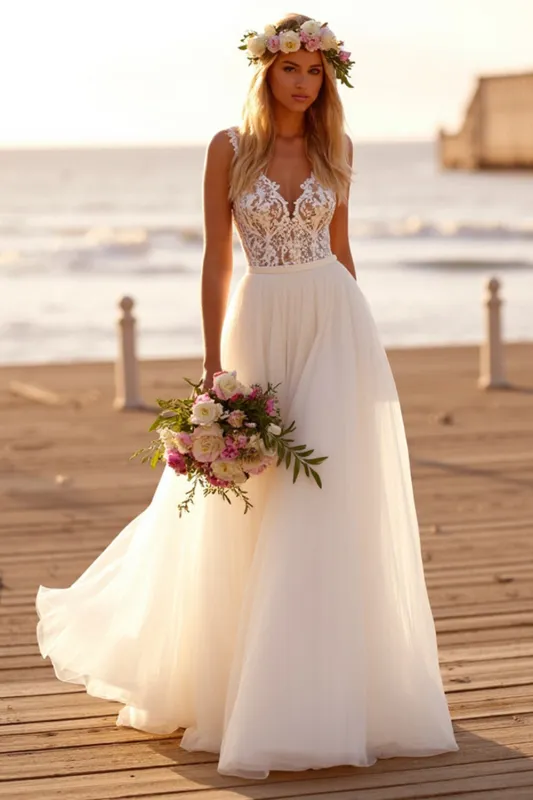 Boho White Tulle A Line Sweep Train Wedding Dress with Lace sold by Zapaka