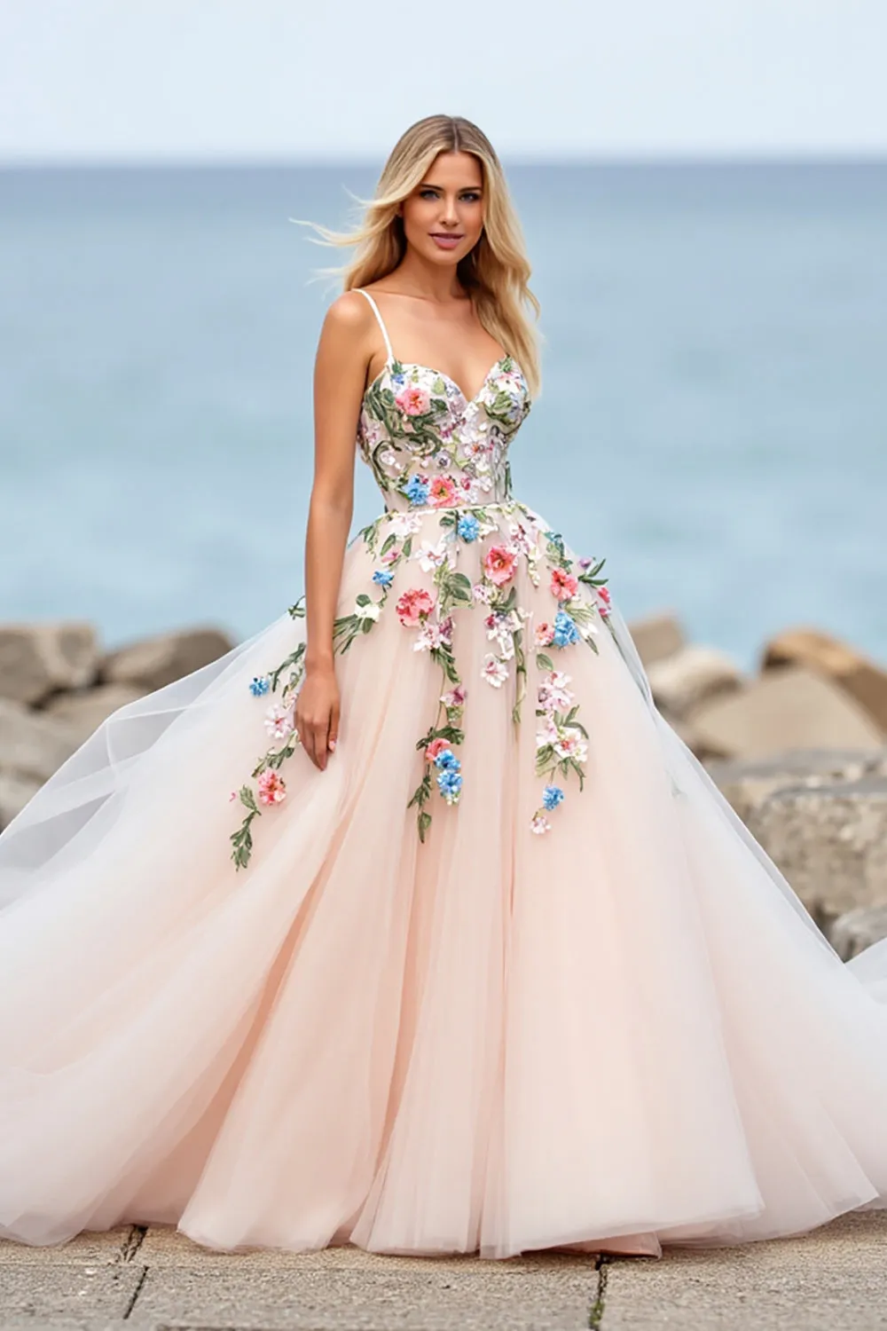Blush Ball Gown Tulle Boho Sweep Train Wedding Dress with Appliques sold by Zapaka