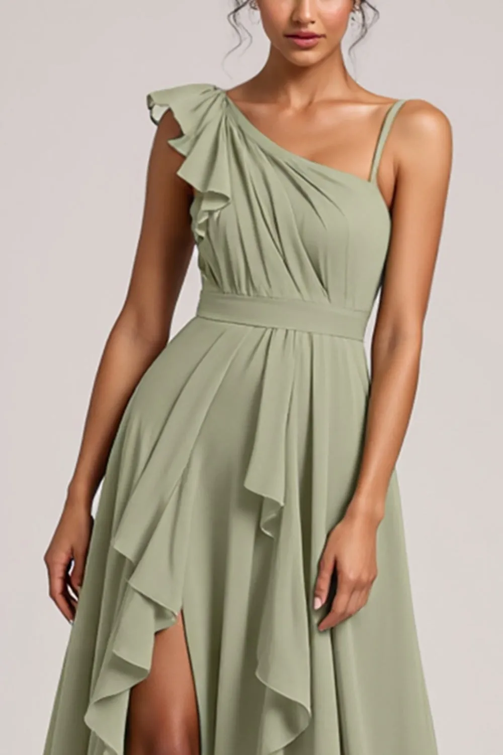 A Line Chiffon Ruffled Dusty Sage Bridesmaid Dress sold by Zapaka product image thumbnail 2