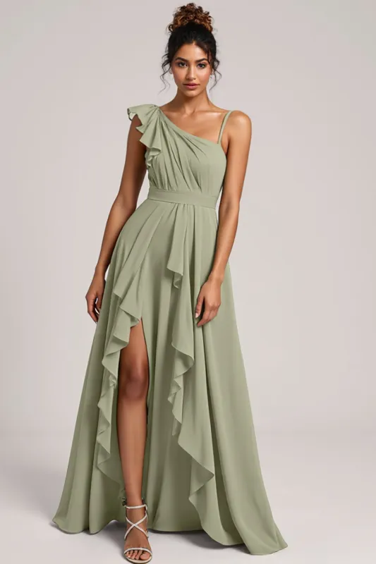 A Line Chiffon Ruffled Dusty Sage Bridesmaid Dress sold by Zapaka