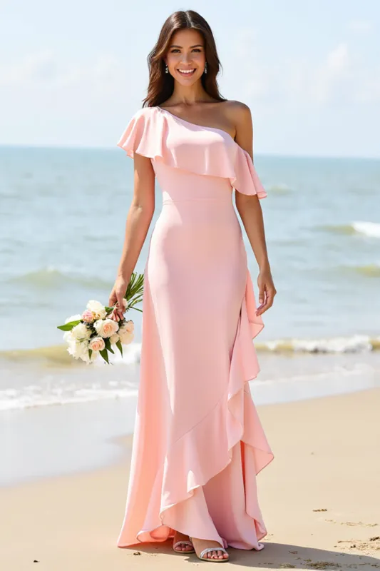 One Shoulder Ruffled A Line Candy Pink Bridesmaid Dress sold by Zapaka