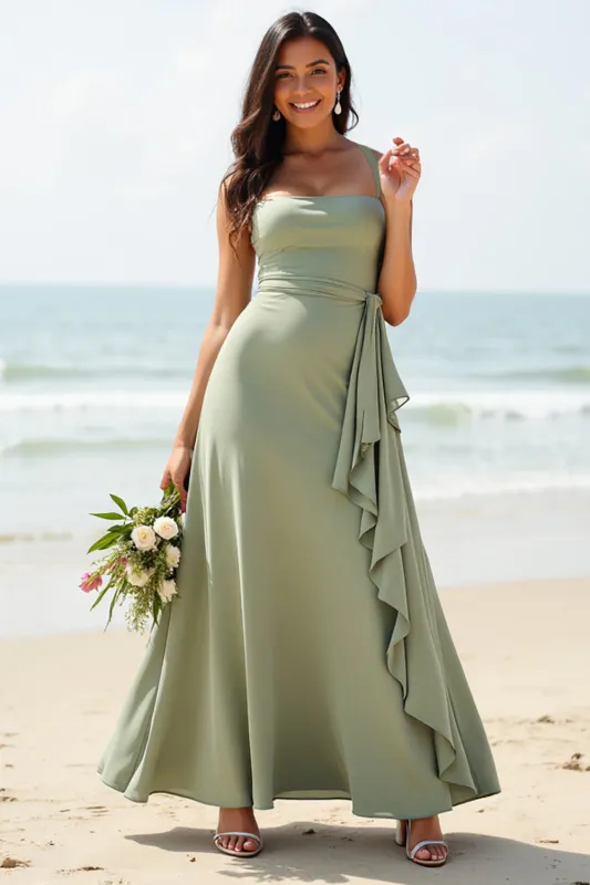 Chiffon Ruffled A Line Dusty Sage Bridesmaid Dress sold by Zapaka