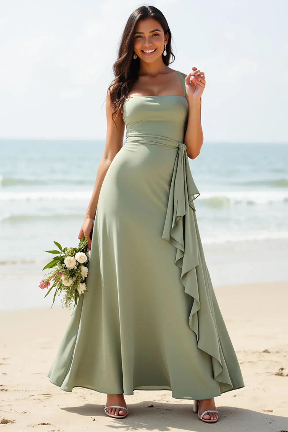 Chiffon Ruffled A Line Dusty Sage Bridesmaid Dress sold by Zapaka