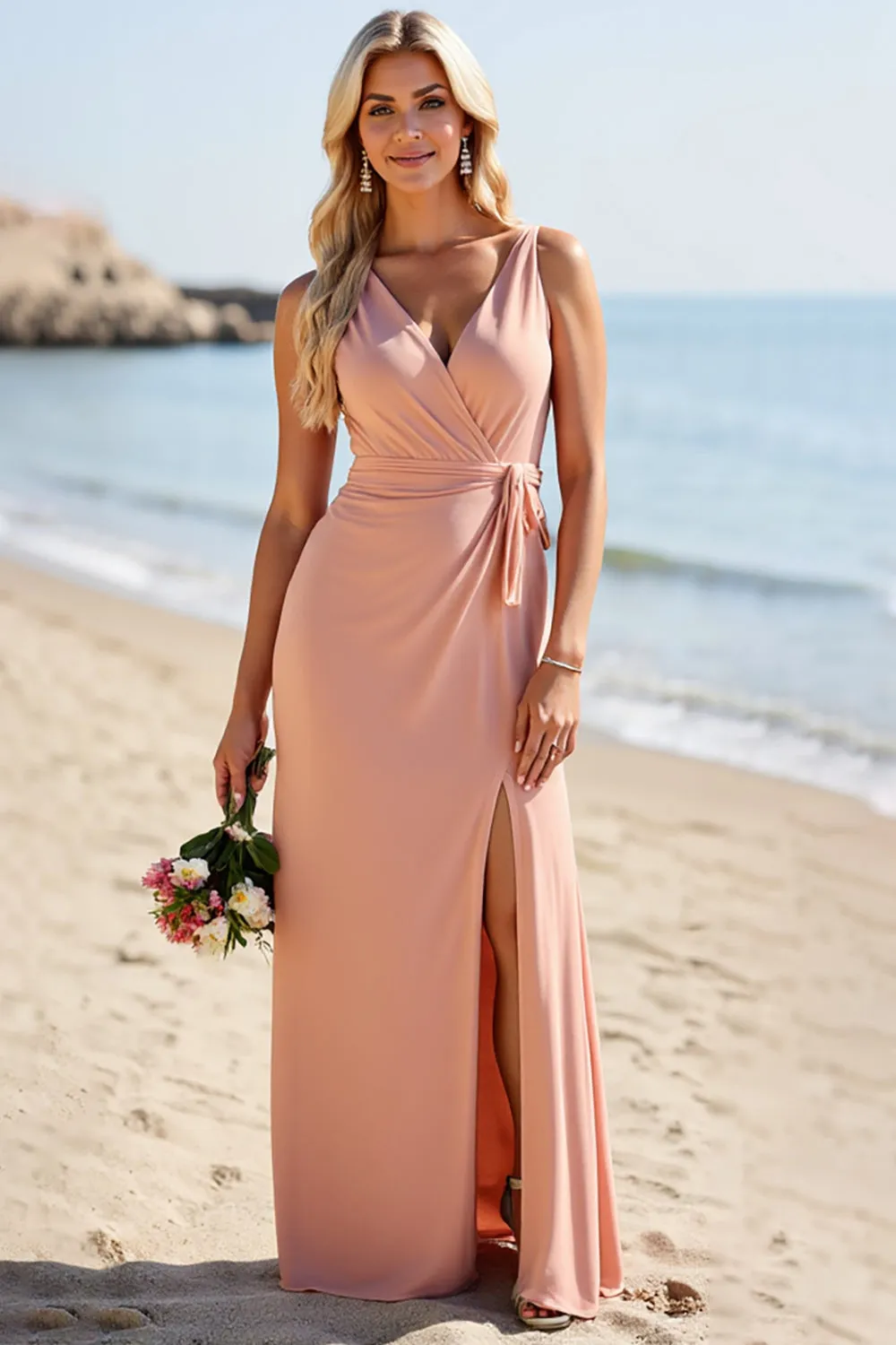 Blush Satin Sheath V-Neck Long Bridesmaid Dress with Slit sold by Zapaka