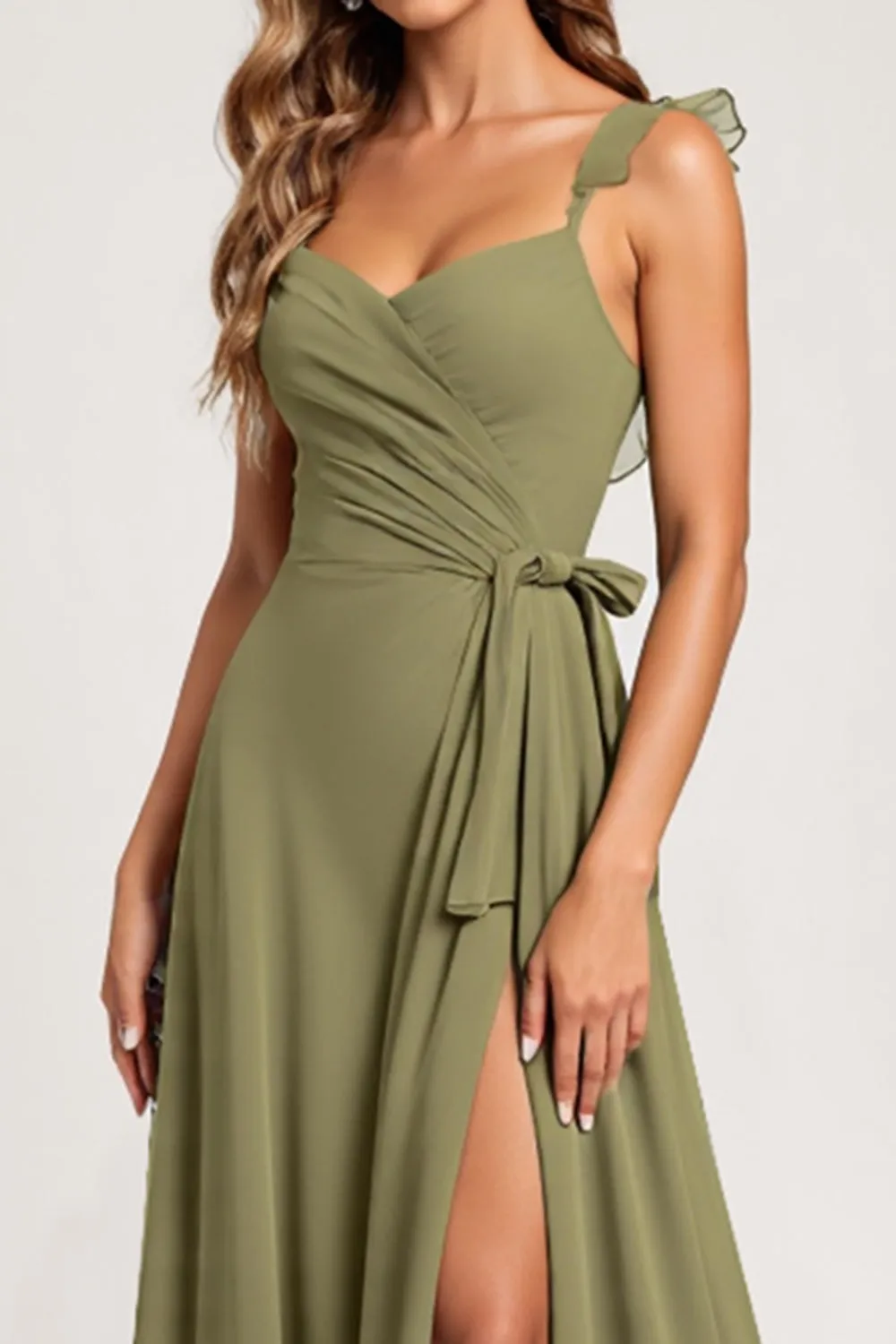 Olive A Line Chiffon Ruffled Long Bridesmaid Dress with Slit sold by Zapaka product image thumbnail 3