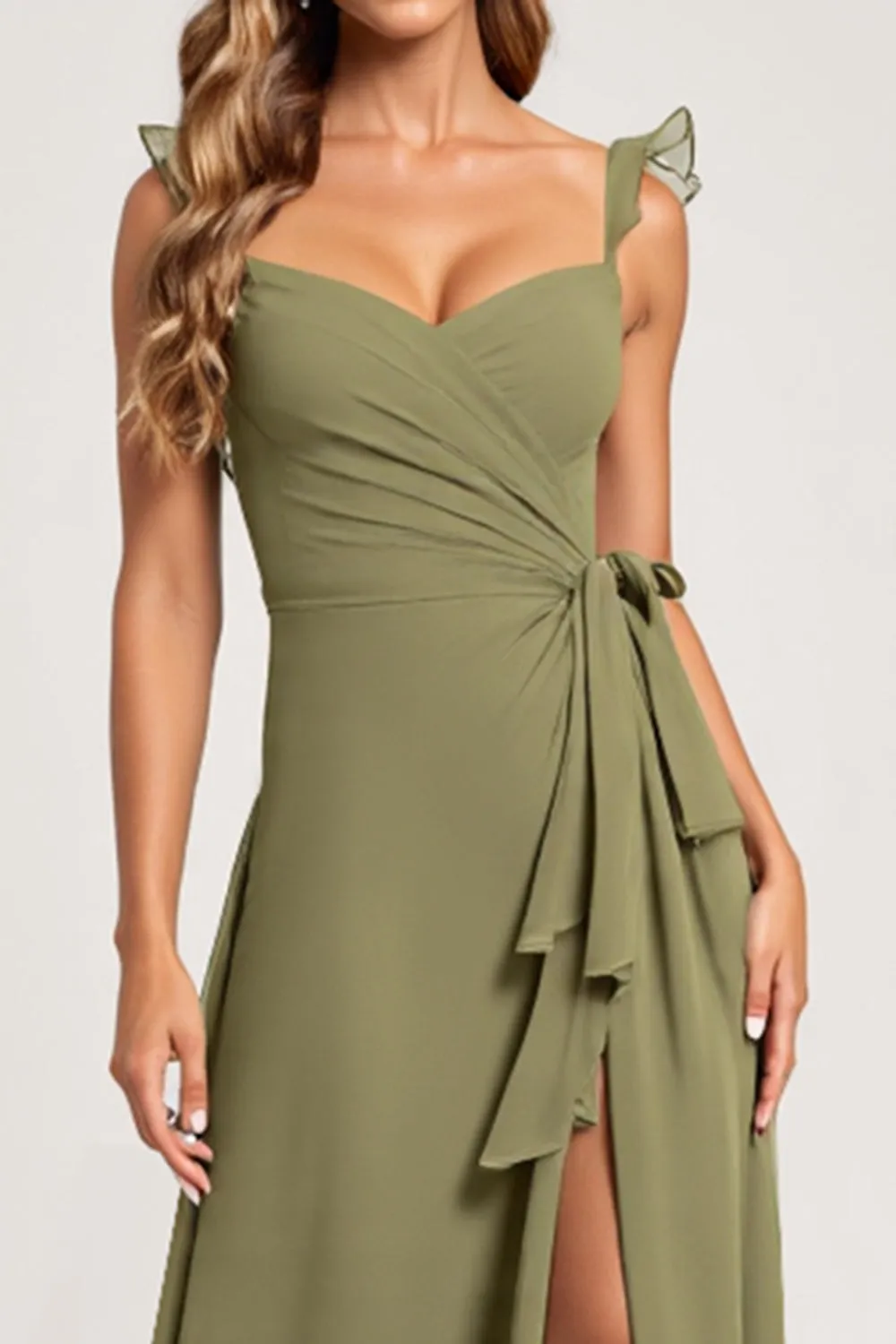 Olive A Line Chiffon Ruffled Long Bridesmaid Dress with Slit sold by Zapaka product image thumbnail 4