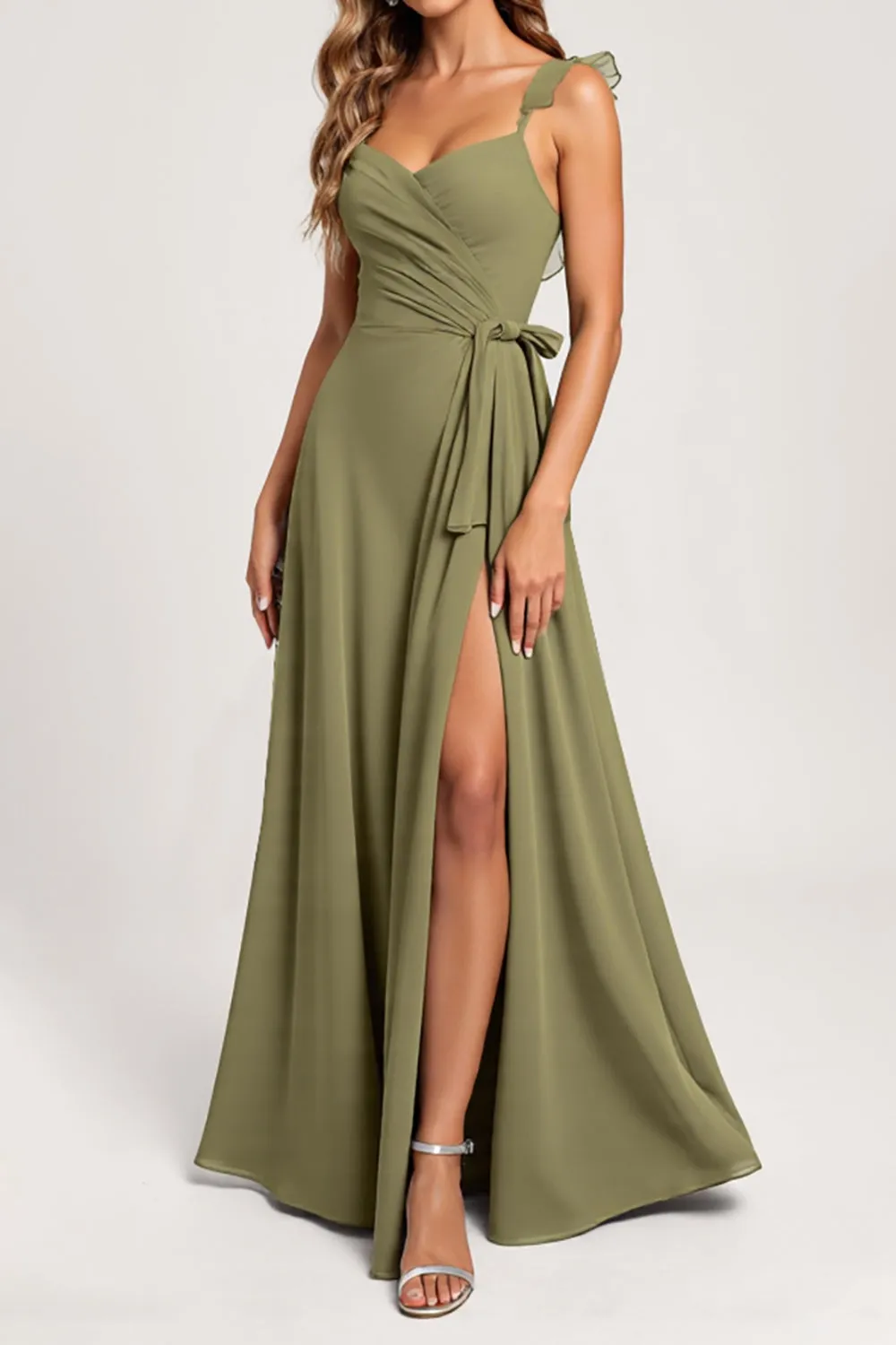 Olive A Line Chiffon Ruffled Long Bridesmaid Dress with Slit sold by Zapaka