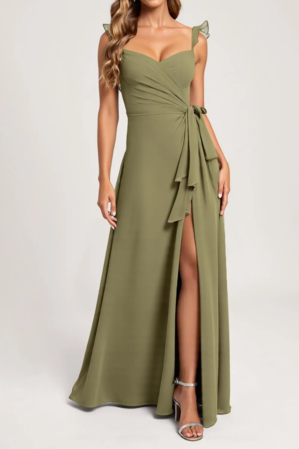 Olive A Line Chiffon Ruffled Long Bridesmaid Dress with Slit sold by Zapaka product image thumbnail 2