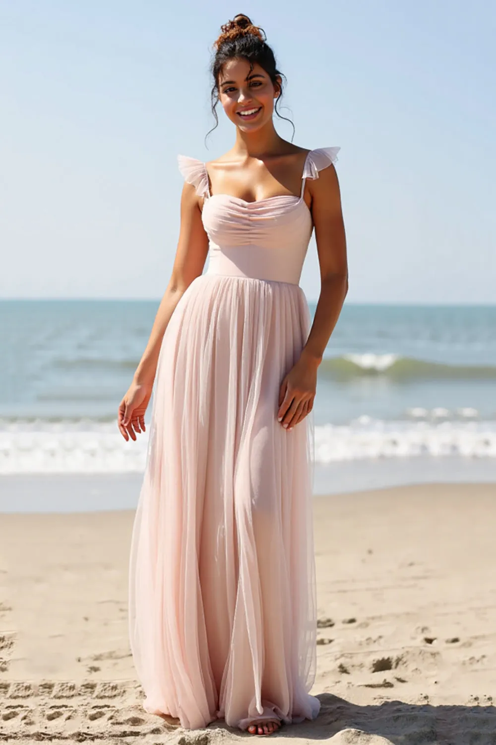 Candy Pink A Line Pleated Long Bridesmaid Dress with Slit sold by Zapaka product image thumbnail 2