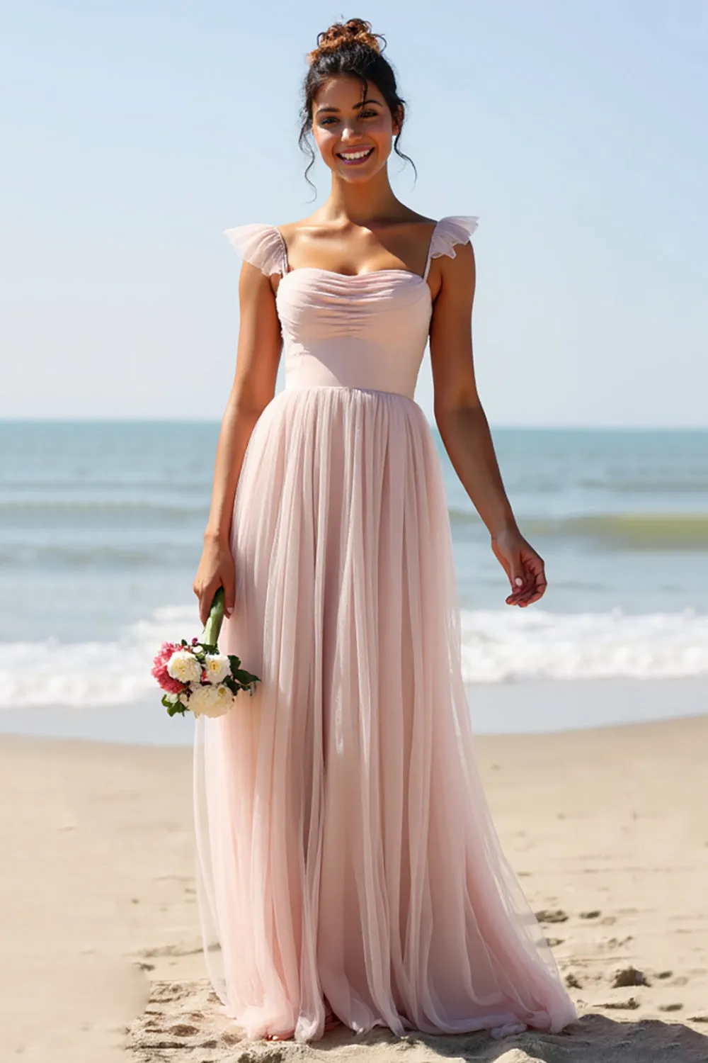 Candy Pink A Line Pleated Long Bridesmaid Dress with Slit sold by Zapaka product image thumbnail 3