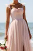 Candy Pink A Line Pleated Long Bridesmaid Dress with Slit sold by Zapaka