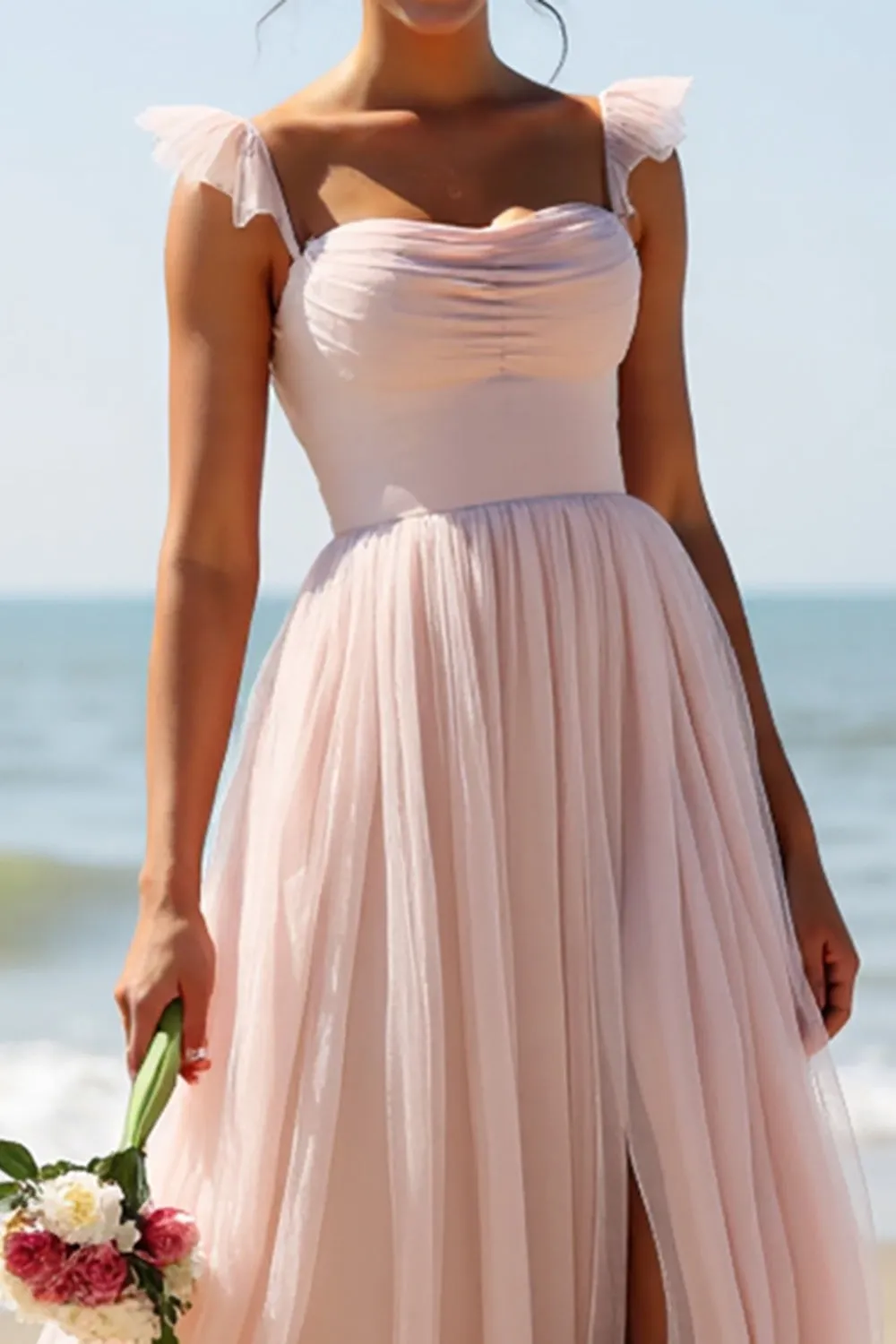 Candy Pink A Line Pleated Long Bridesmaid Dress with Slit sold by Zapaka product image thumbnail 4