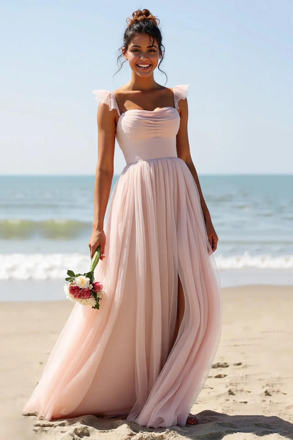 Candy Pink A Line Pleated Long Bridesmaid Dress with Slit sold by Zapaka