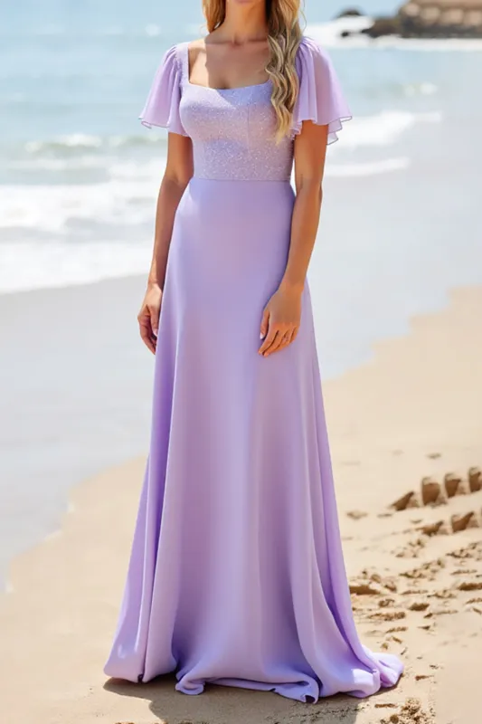 Lilac Satin Flutter Sleeves A Line Long Bridesmaid Dress with Beading sold by Zapaka