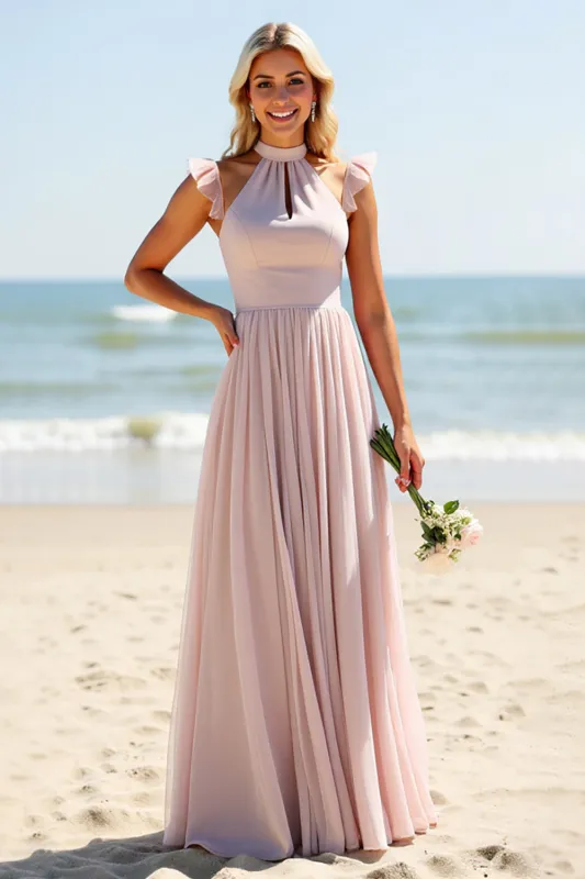Candy Pink High Neck Chiffon Sheath Long Bridesmaid Dress sold by Zapaka