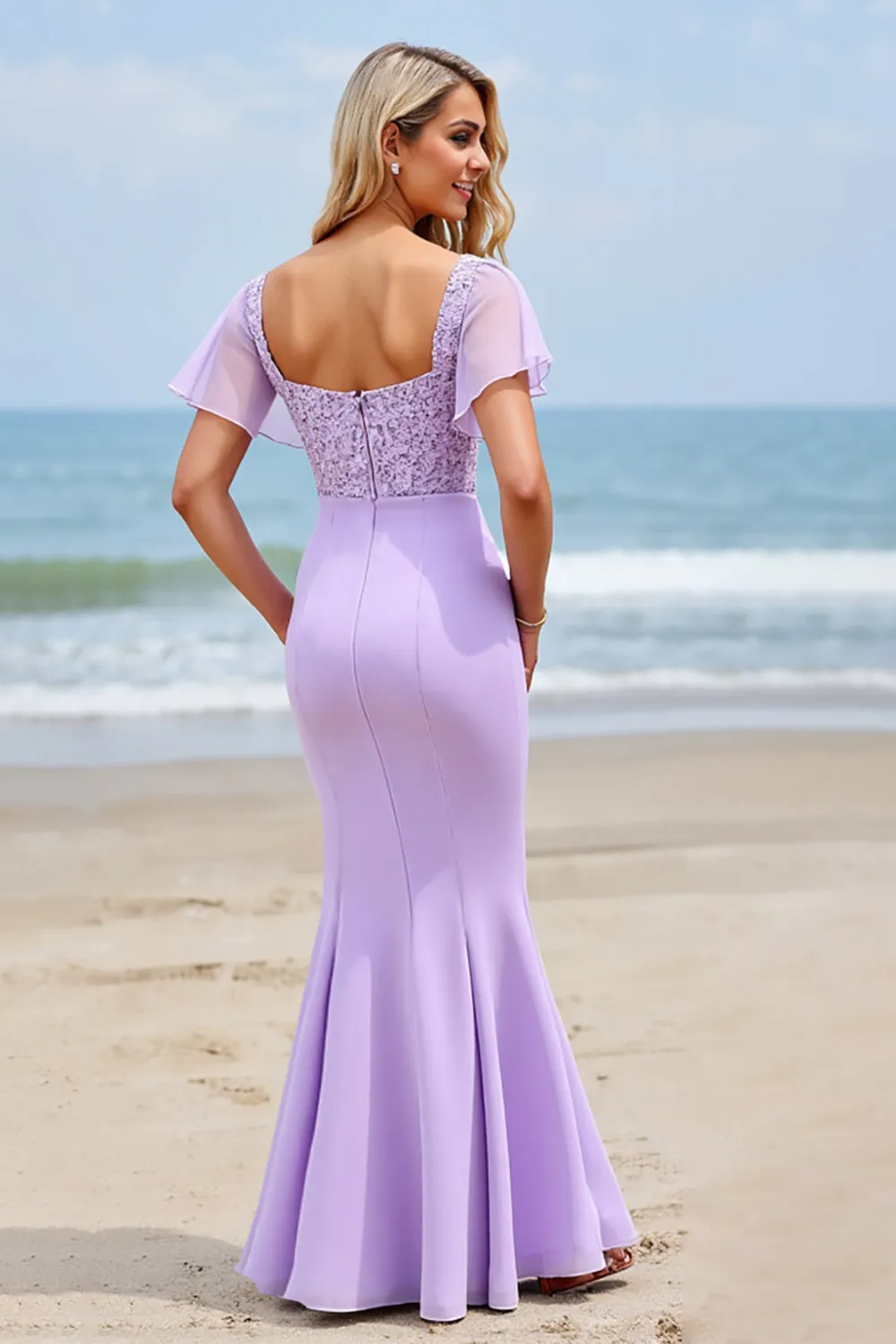 Lilac Chiffon Flutter Sleeves Sheath Long Bridesmaid Dress with Appliques sold by Zapaka product image thumbnail 2