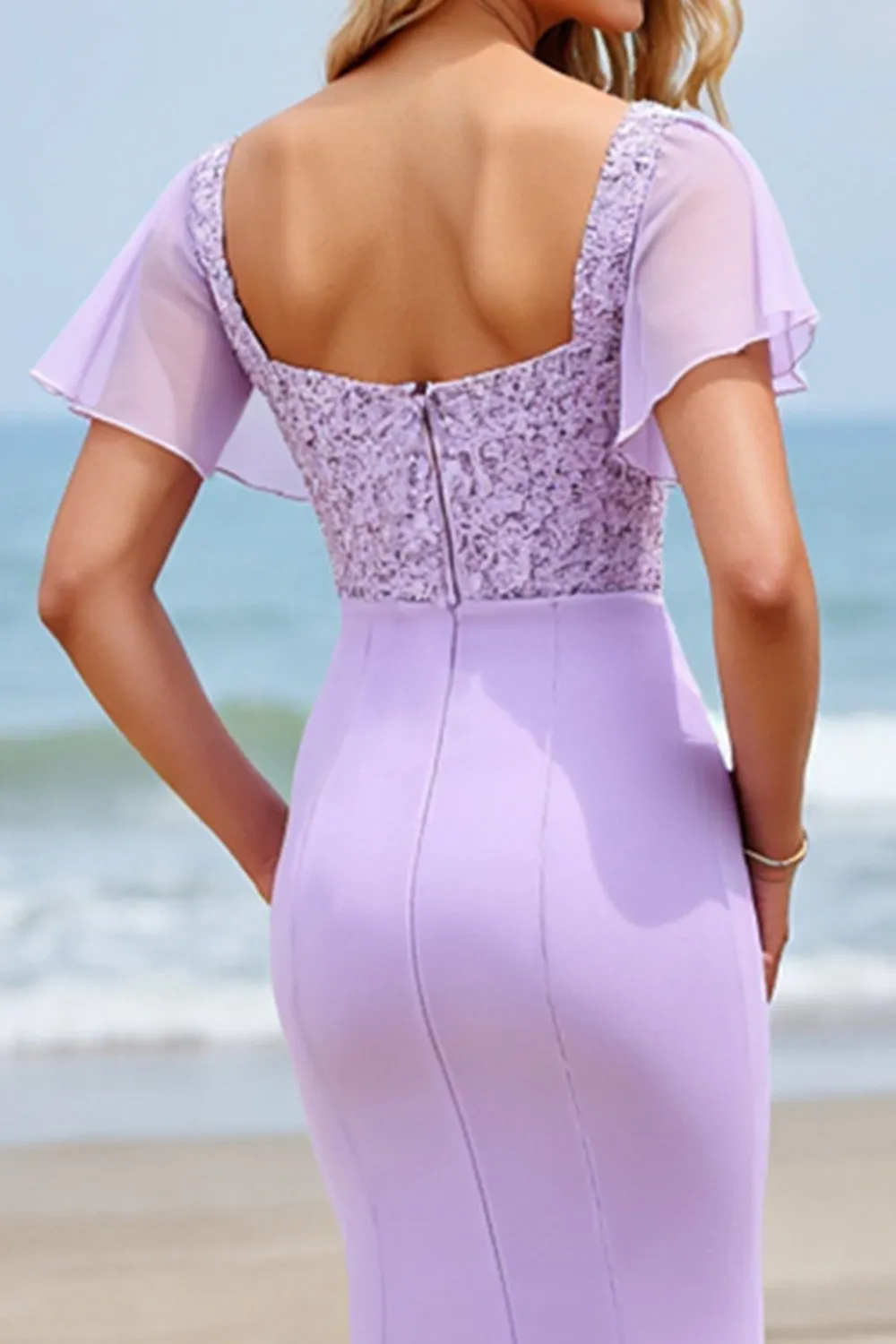 Lilac Chiffon Flutter Sleeves Sheath Long Bridesmaid Dress with Appliques sold by Zapaka product image thumbnail 4