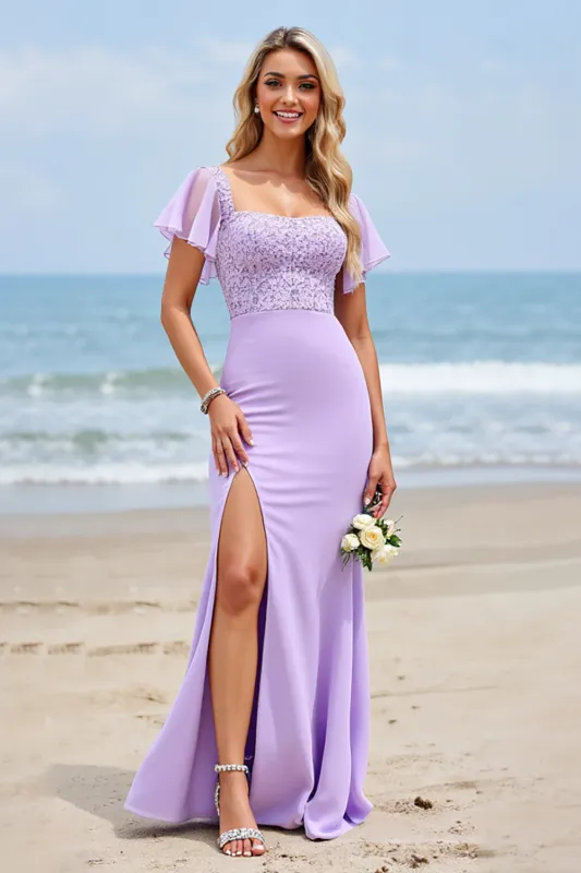 Lilac Chiffon Flutter Sleeves Sheath Long Bridesmaid Dress with Appliques sold by Zapaka
