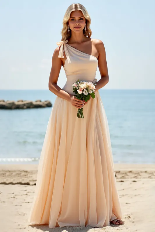 Apricot Chiffon One Shoulder A Line Long Bridesmaid Dress sold by Zapaka