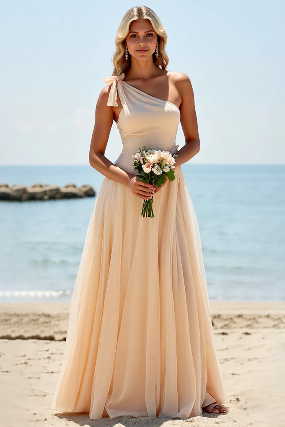 Apricot Chiffon One Shoulder A Line Long Bridesmaid Dress sold by Zapaka