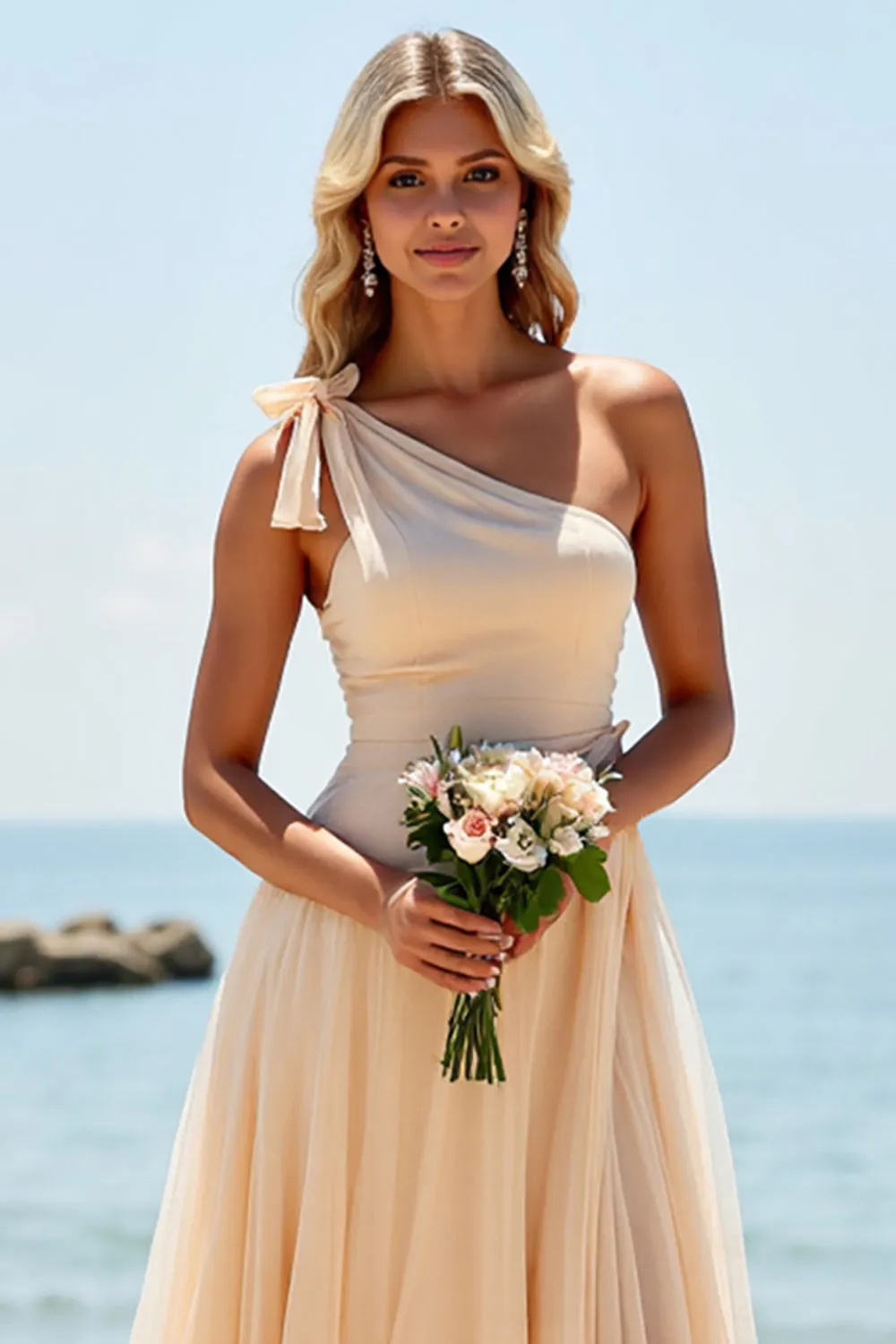 Apricot Chiffon One Shoulder A Line Long Bridesmaid Dress sold by Zapaka product image thumbnail 2