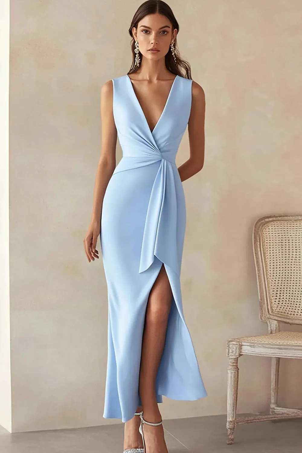 Sky Blue Satin V-Neck Long Work Dress with Slit sold by Zapaka