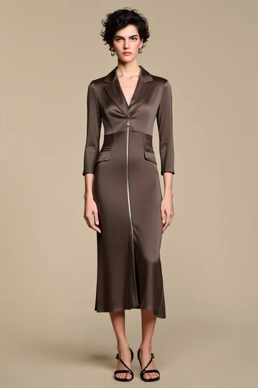 Brown Notched Lapel Sheath Midi Work Dress sold by Zapaka