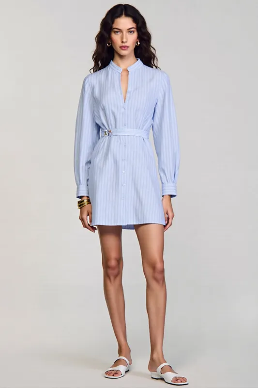 Long Sleeve Blue Stripes Sheath Work Dress With Belt sold by Zapaka