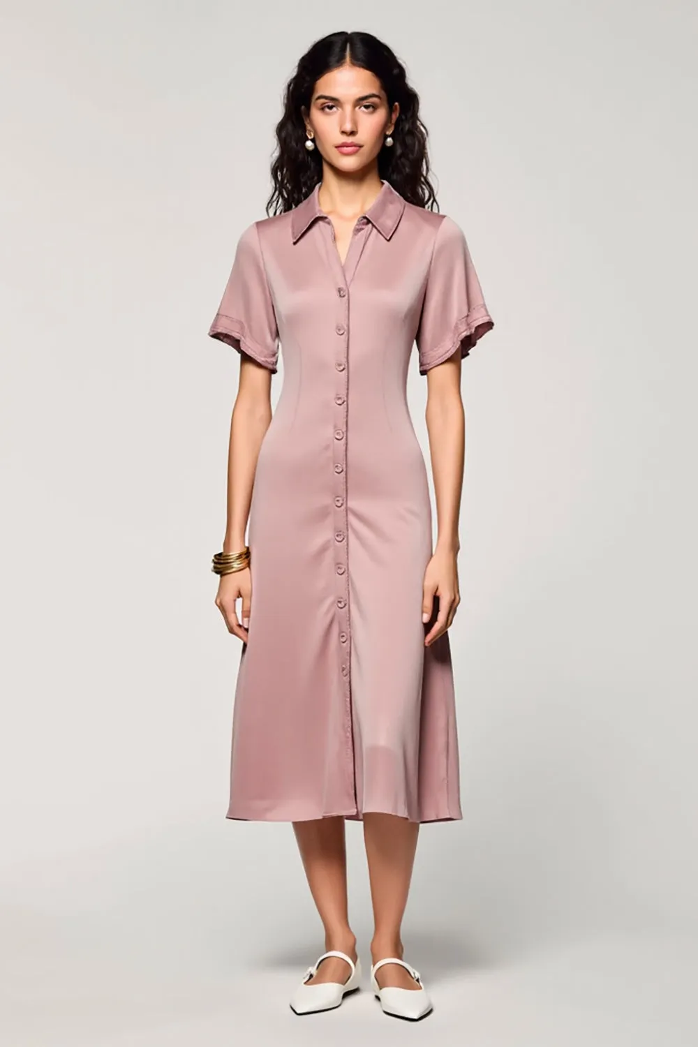 Pink A Line Lapel Midi Work Dress sold by Zapaka