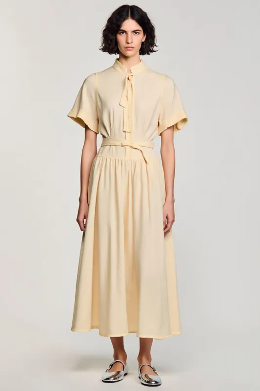 High Neck A Line Long Apricot Work Dress With Belt sold by Zapaka