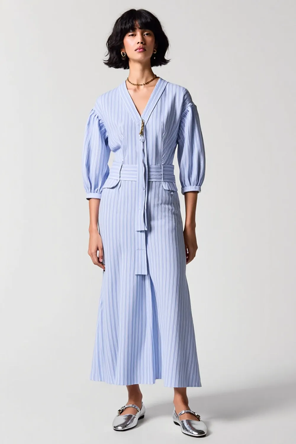 Blue Stripes Sheath V Neck Long Work Dress sold by Zapaka